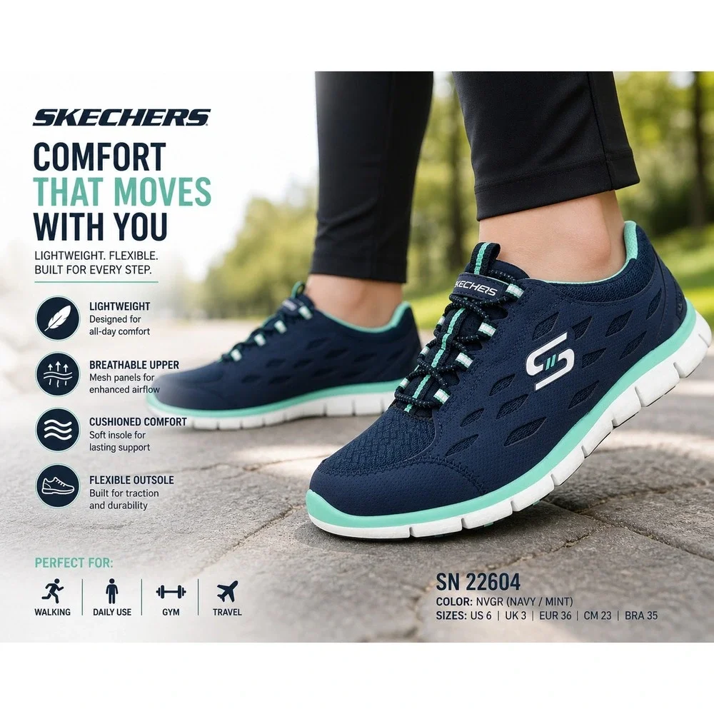 Skechers Air Cooled Memory Foam Women's 6 Navy Mint Slip In Walking Shoes 22604